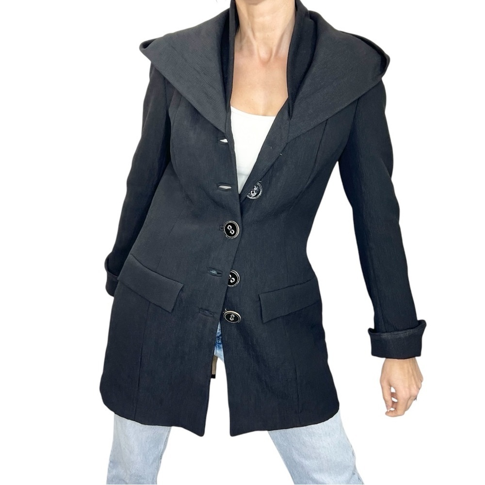 Zenobia black ribbed knit hooded button front spring fall jacket coat 6